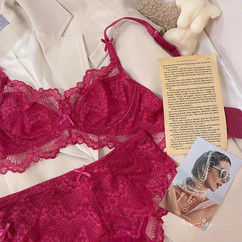 Sexy lace ultra-thin lingerie big breasted underwear female temptation large size thin bralette gather bra panty set