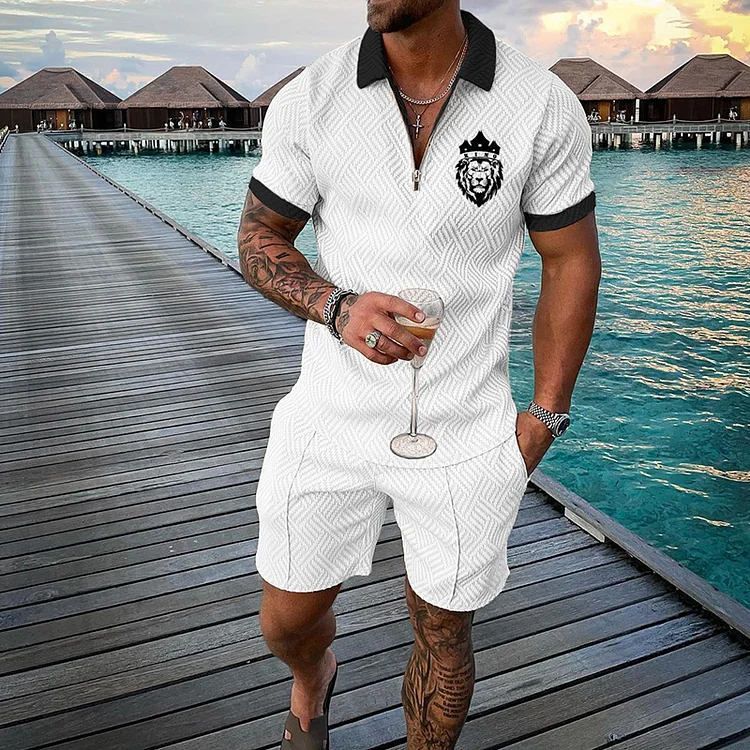 BrosWear Fashion Men's Casual Colorblock Short Sleeve Polo Shirt Set