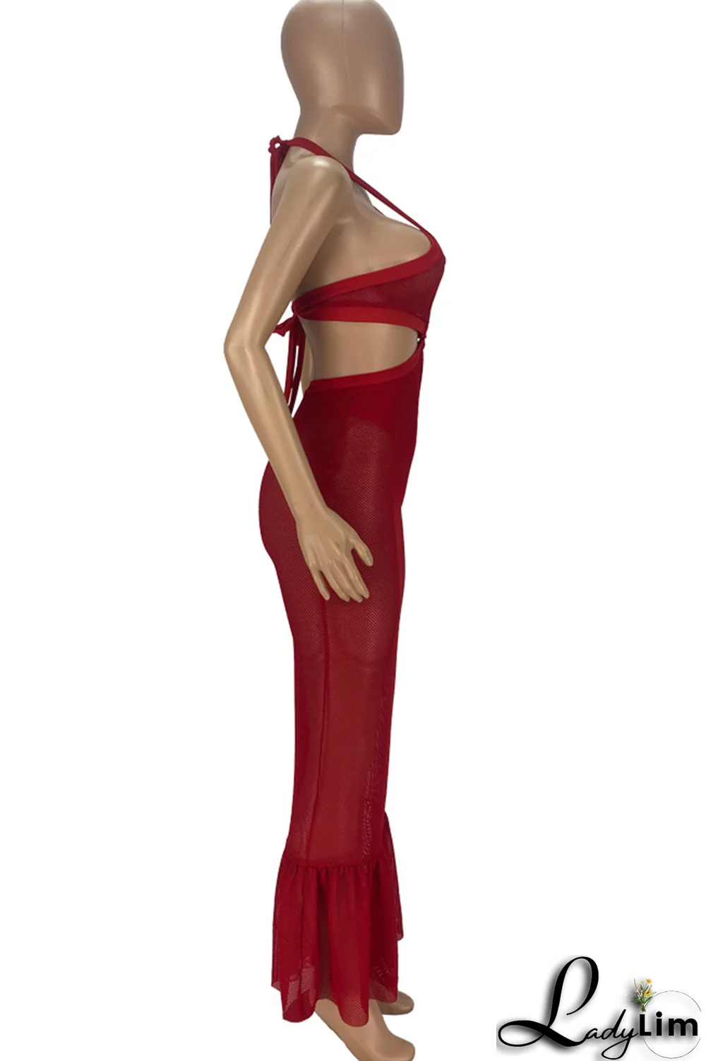 Red Sexy Solid Split Joint Halter Trumpet Mermaid Dresses