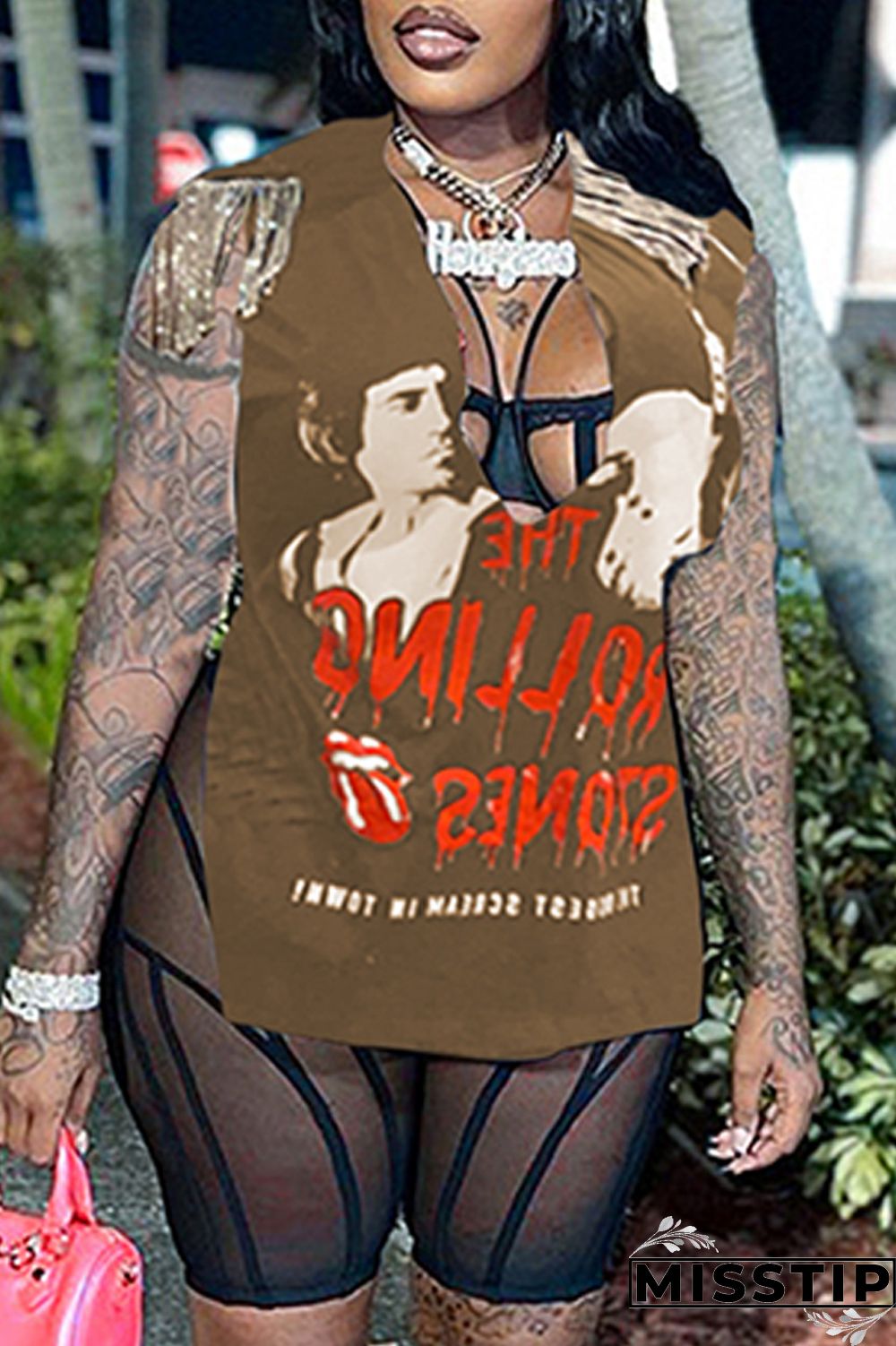 Brown Fashion Casual Print Tassel Patchwork V Neck T-Shirts