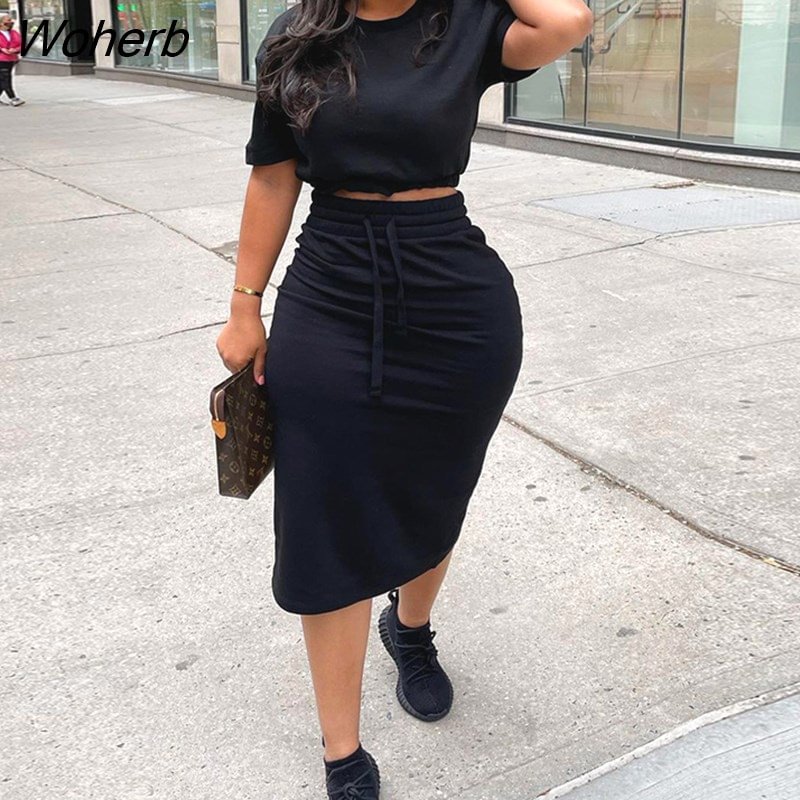 Woherb Piece Casual Solid Dress Suits Short Sleeve Crop Top & Bodycon Miid Skirt Set