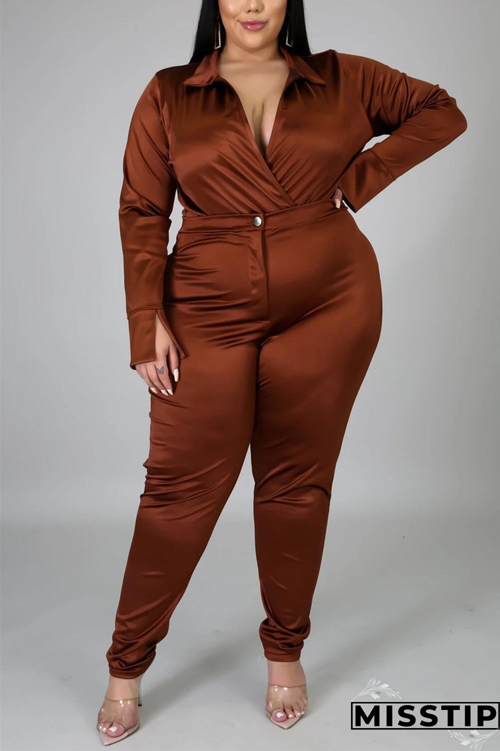 Blue Fashion Casual Solid Basic Turtleneck Plus Size Set