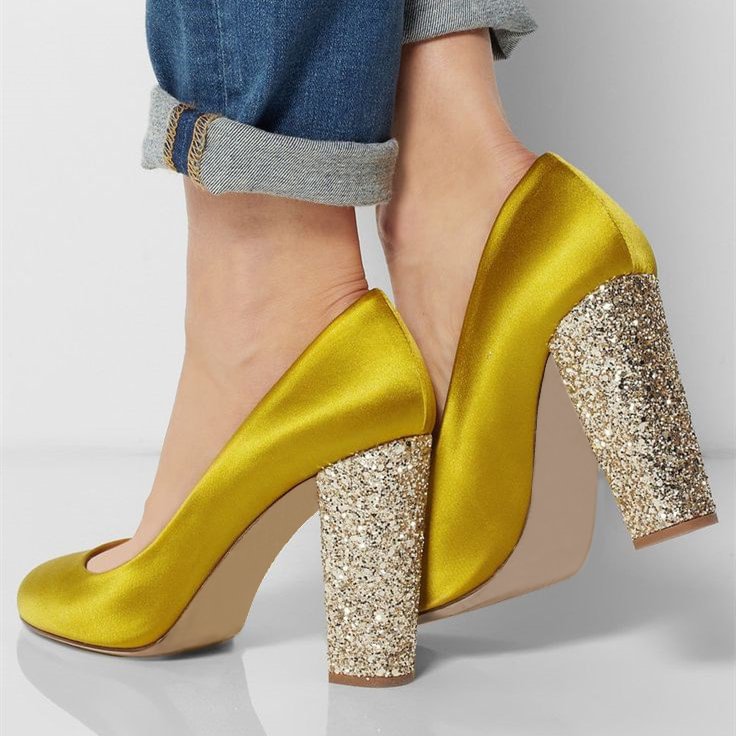 Gold Sparkly Heels Glitter Satin Chunky Heel Pumps for Ladies |FSJ Shoes