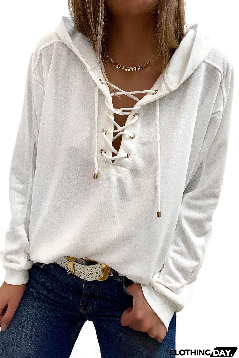 Casual Solid Color Lace-up Hoodie