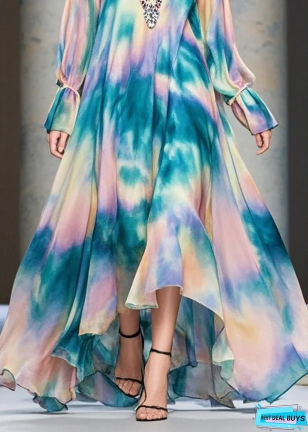 Women Rainbow Tie Dye Exra Large Hem Chiffon Beach Dress Fall