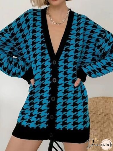 Houndstooth Button Up Long Sleeve Cardigan