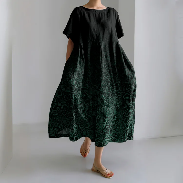Vintage Waves Print Short Sleeve Linen Blend Maxi Dress