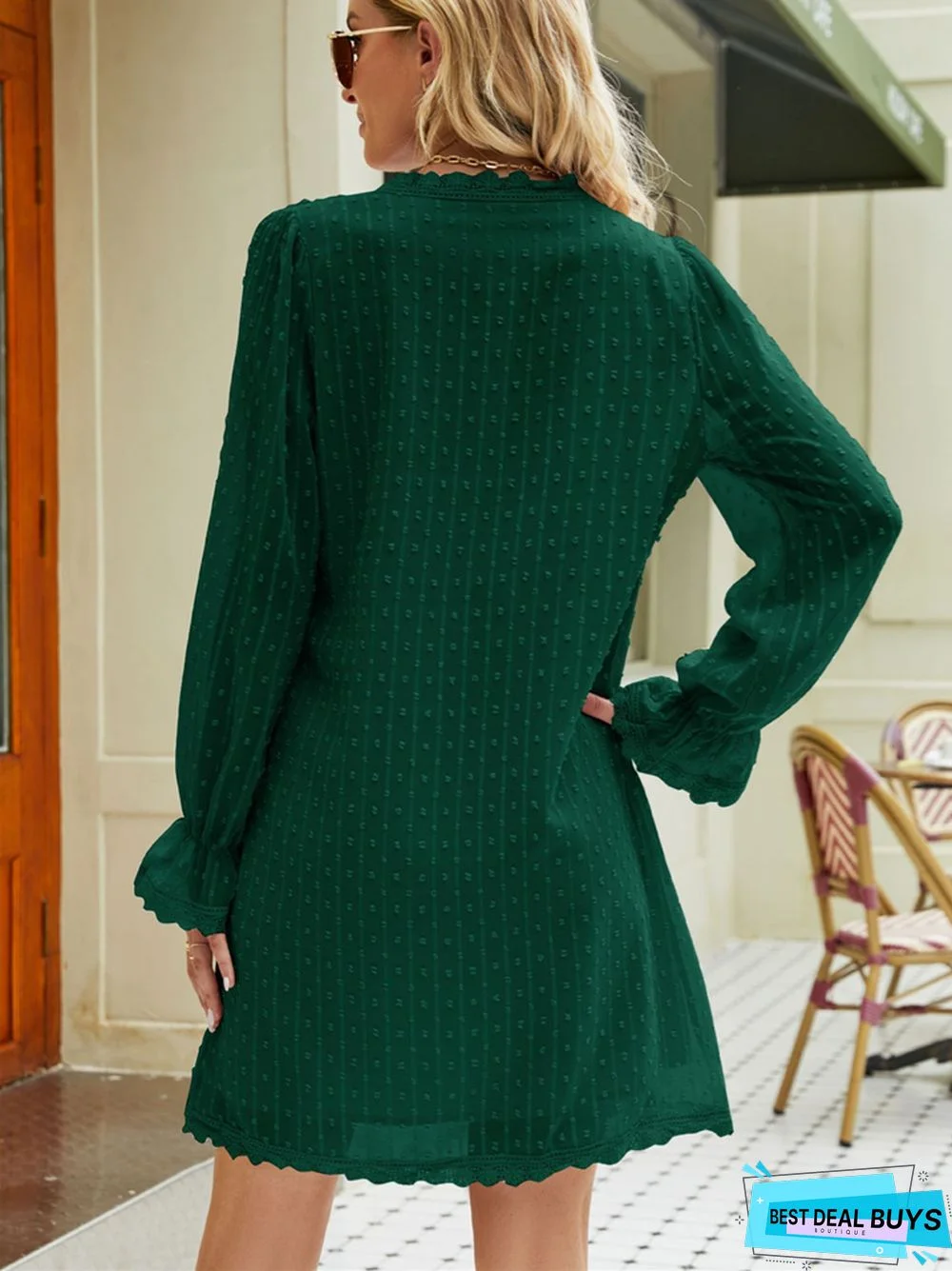 Casual Long Sleeve Solid Color Lace Chiffon V-Neck Dress
