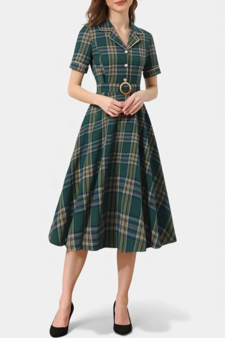 Classic Plaid Midi Dress with Structured Collar and Belt