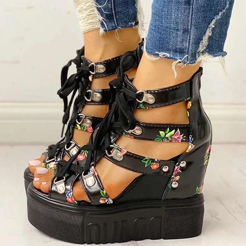 Women Sandals Wedges Floral Lace Up Platform Woman Summer Shoes Peep Toe Casual Elegant Footwear Plus Size Ladies Fashion Pumps