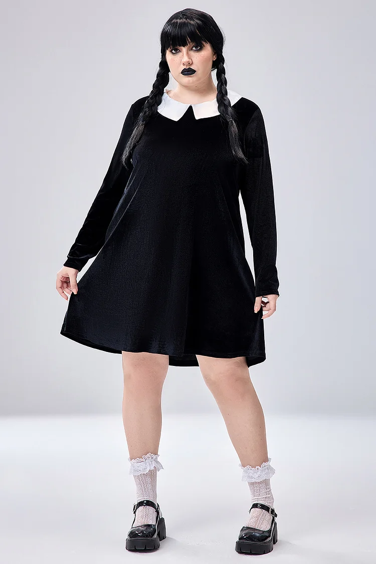 Xpluswear Design Plus Size Halloween Costume Black Velvet Doll Collar Long Sleeve Mini Dress With Pocket 