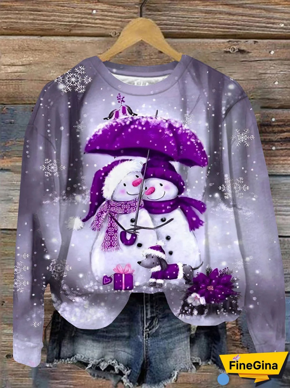 Women's Winter Snowman Print Round Neck Long Sleeve Top