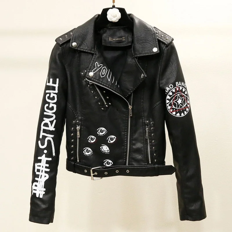 Ailegogo Autumn Women Female Rivets Letters Print Motorcycle Leather Short Women's Biker Coat Faux Leather Jacket  Punk Outwear