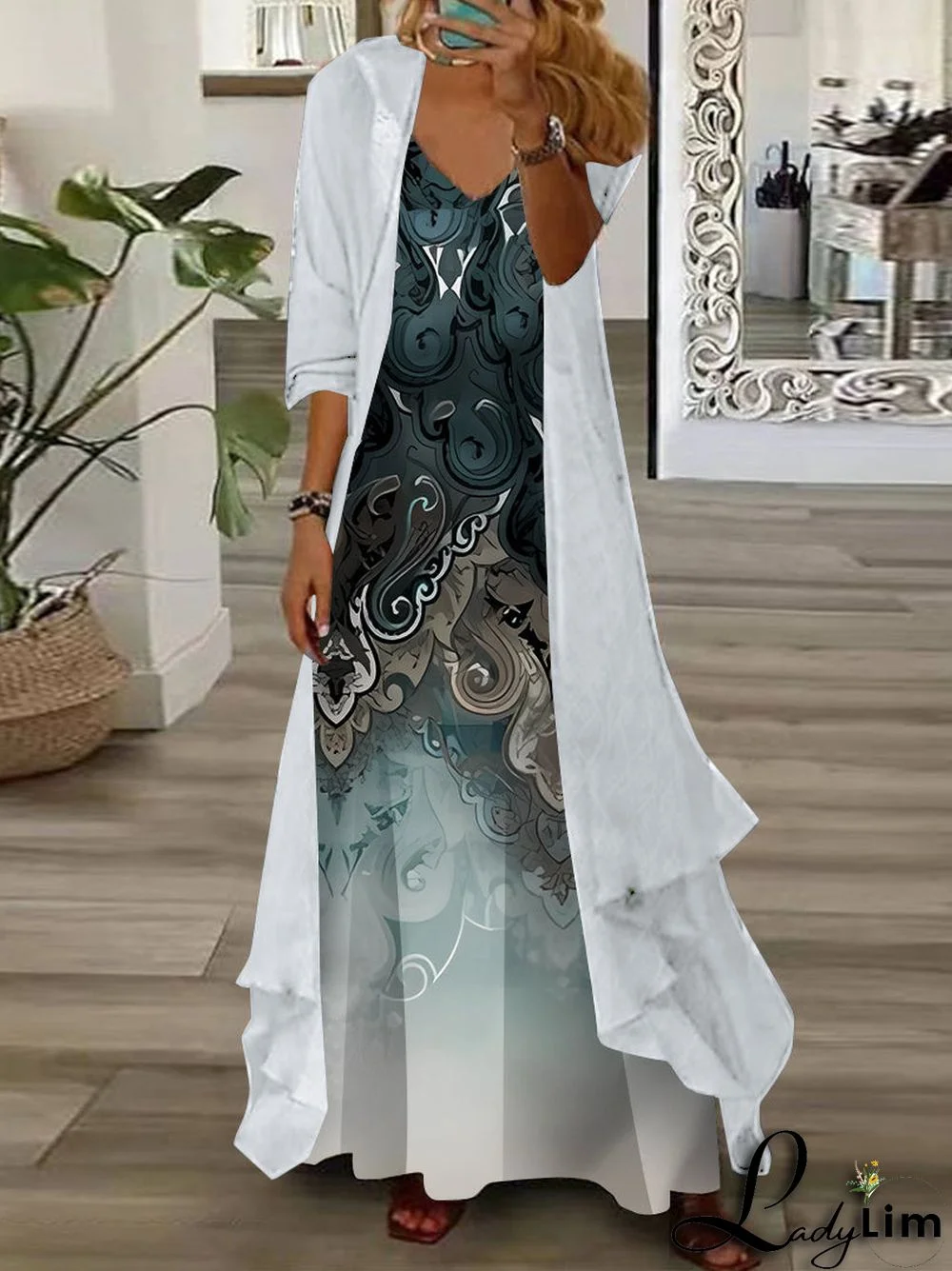 Women Half Sleeve V-neck Graphic Printed Two-Piece Maxi Dress