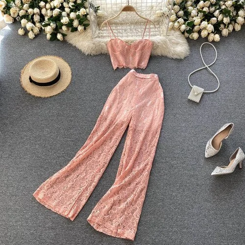 FTLZZ Summer Women Sexy Lace slimTwo Piece Set V-neck Sling Top High Waist A-line Wide Leg Pants Ladies Beach Solid Color Sets