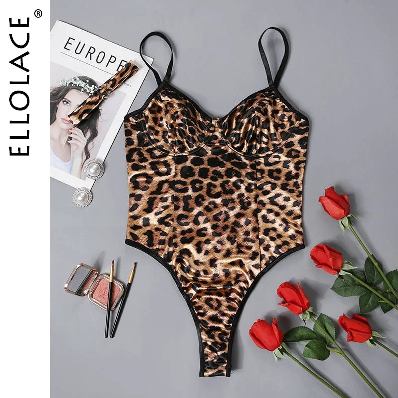 Ellolace Satin Leopard Sexy Bodysuit With Crotch Neckline Body V Sleeveless Bodysuit With Bones Lingerie Top Backless Teddy