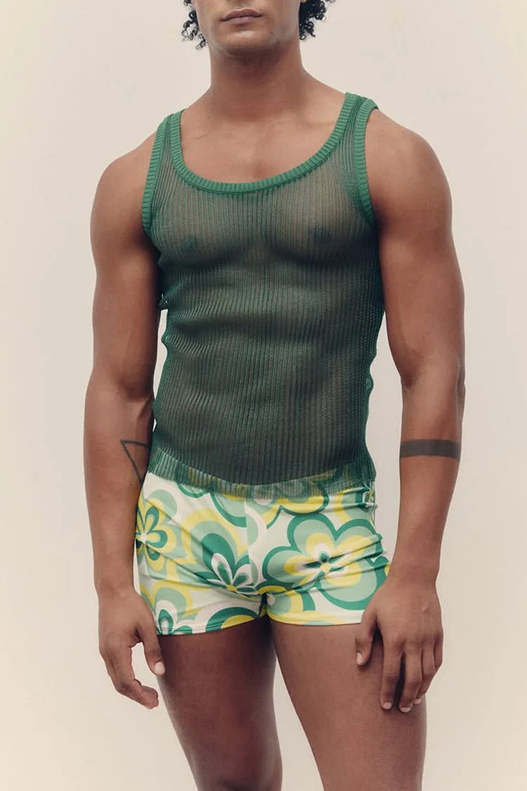 Ciciful Men's Pleated Mesh See Through Green Slim Fit Tank Top [Pre-Order]