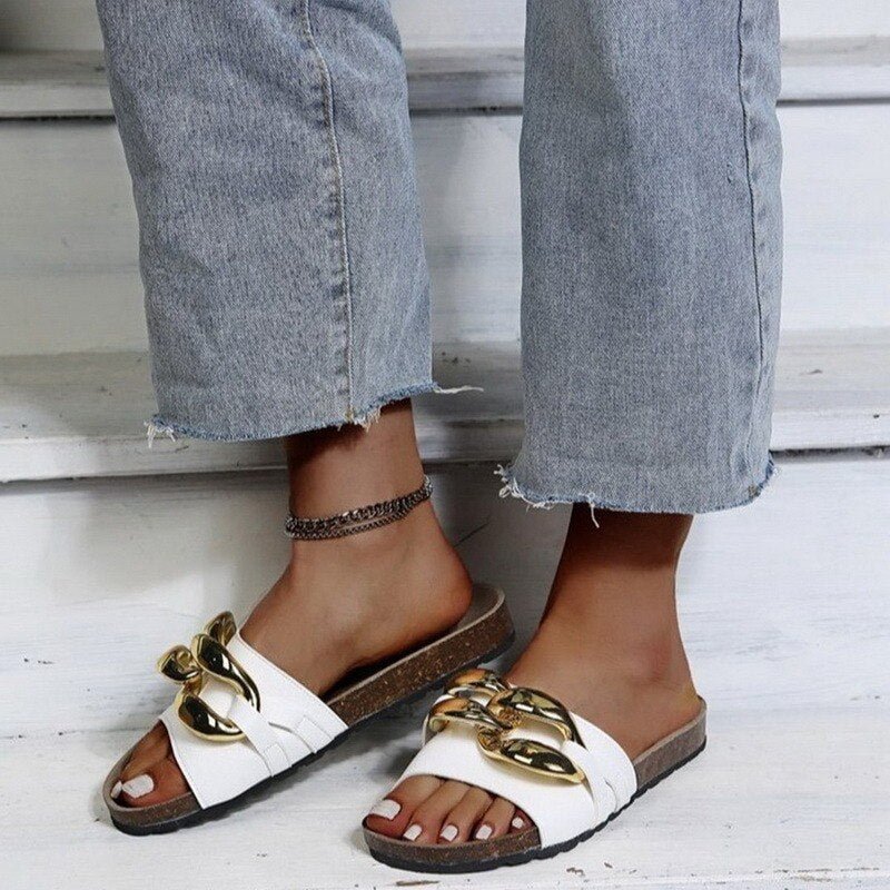 Women Slipper Women's Sandals New Design Gold Chain Closed Toe Slip On Mules Shoes Flat Heel Square Head Casual Slides Flip Flop