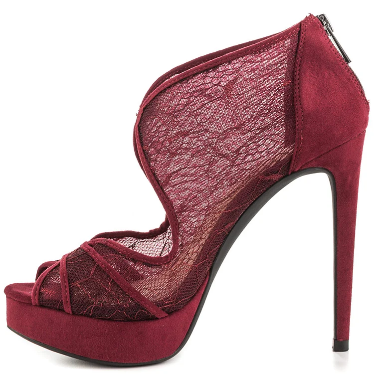 Burgundy Lace Heels Cutout Platform Vampire Pumps for Halloween |FSJ Shoes