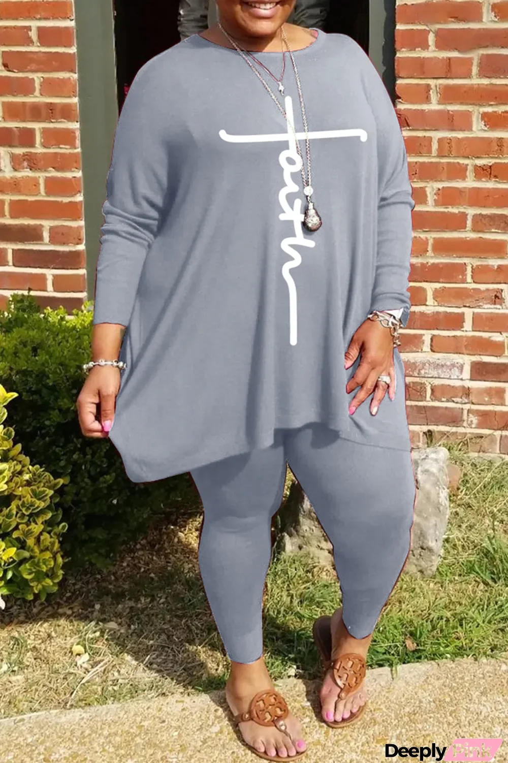 Grey Fashion Casual Print Basic O Neck Plus Size Two Pieces