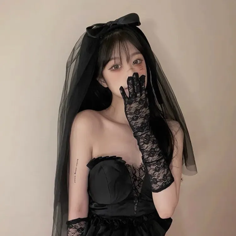 Churchf Sexy Transparent Lace Super Elastic Gloves Bride Nurse Maid Sex Lingerie Tempting Suit