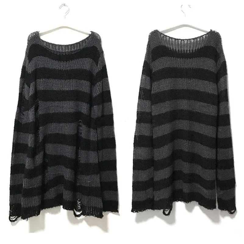 Punk Gothic Long Unisex Sweater 2020 Summer Women Striped Cool Hollow Out Hole Broken Jumper Loose Rock Thin Dark Streetwear Top 1029-1
