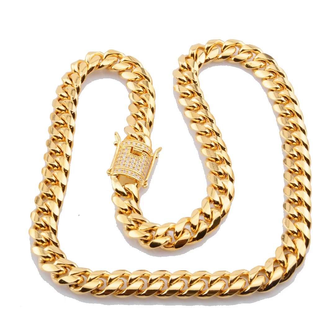 Mens Miami Cuban Link Chain 18K Gold 8-18mm Titanium Stainless Steel Curb Necklace with cz Diamond Chain Choker