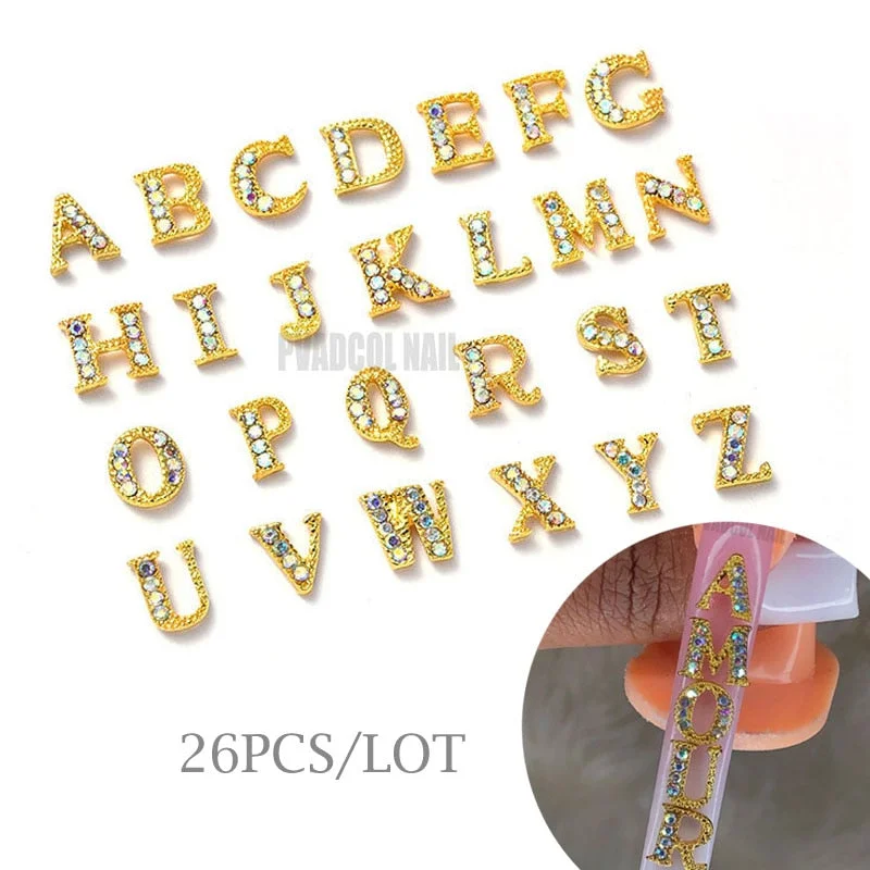 12pcs Nail Art Charm 3D Alloy Gold Constellation Letters Shape Crystal Rhinestone Press On Tips Decoration-Nail Inspo