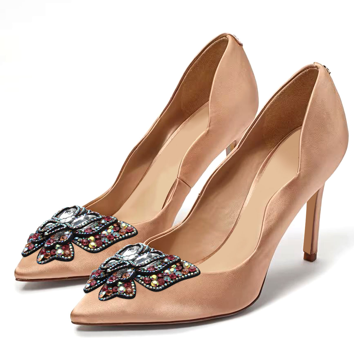 Light Brown Satin Pointed Toe Stiletto Heel Rhinestone Butterfly Pumps Nicepairs