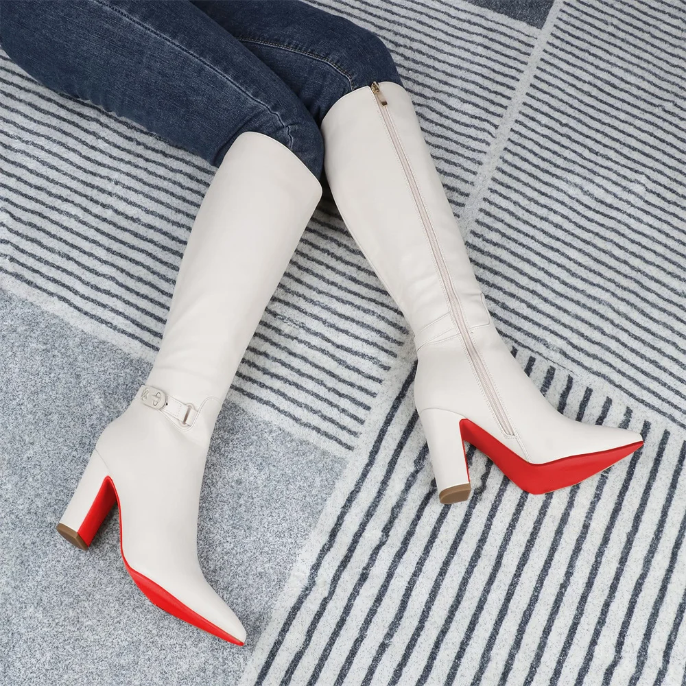 3.35" Women's Knee Red Bottom Boots Block Chunky Heels Zipper Fashion Sexy Boot-MERUMOTE