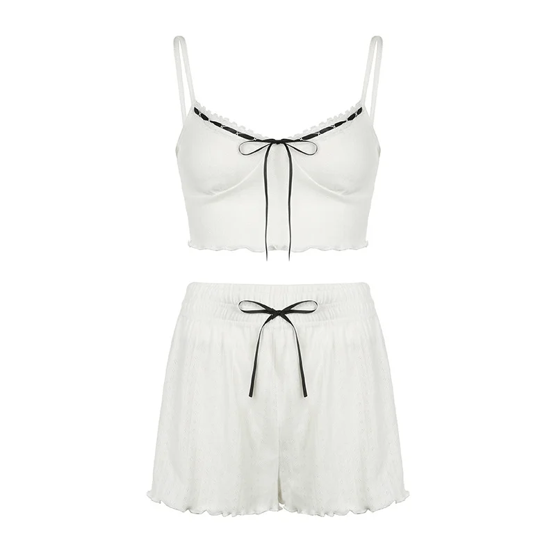 Ueong Girls Sexy V-Collar Color Tie Bow Tie Small Sling Vest Loose Loose Waist Casual Shorts Two-Piece Set