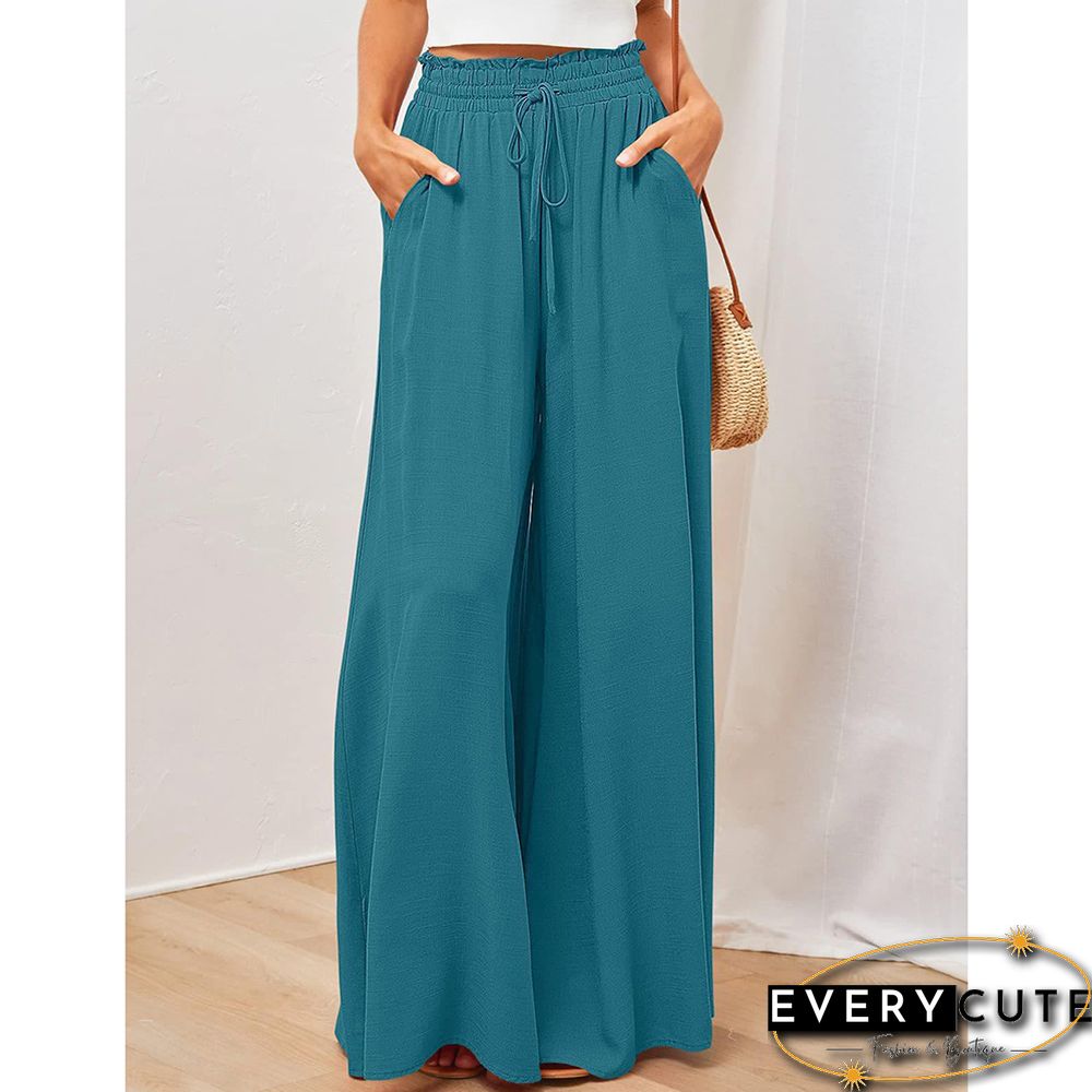 Peacock Blue High Waist Elastic Waistband Long Culottes
