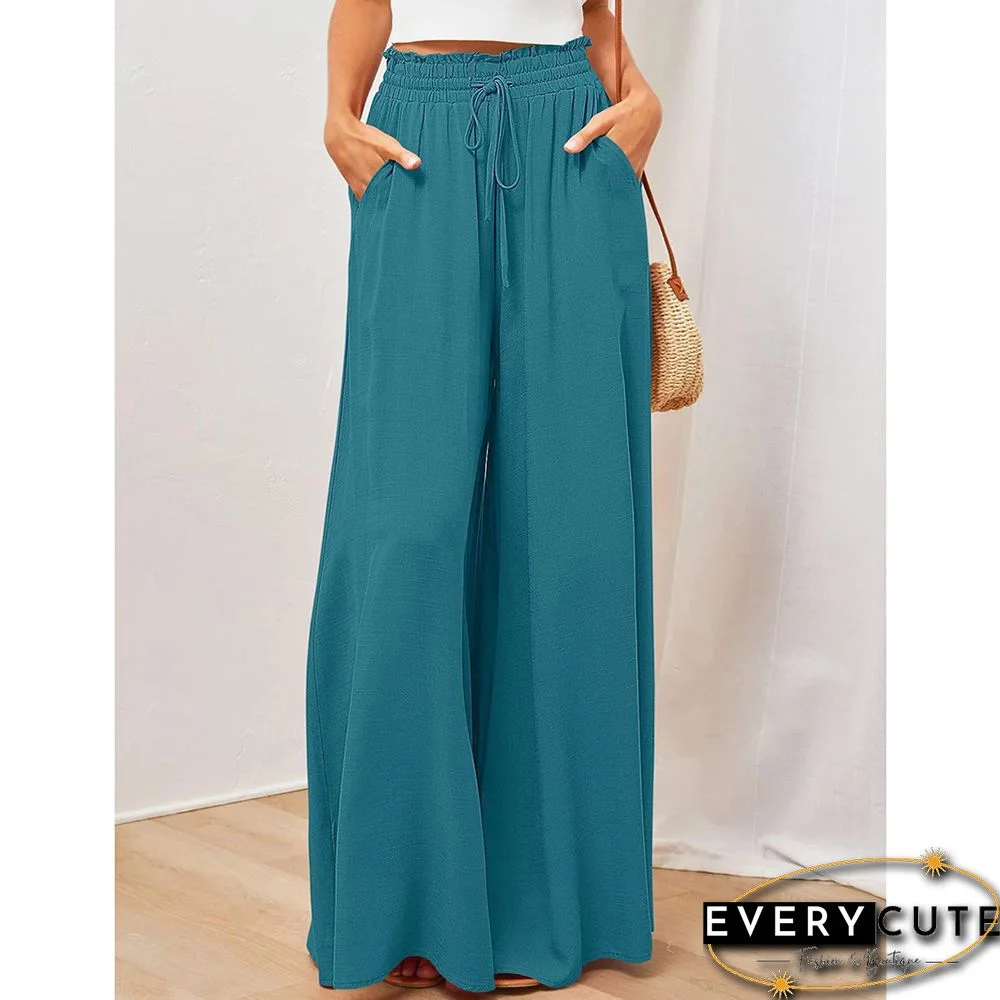 Peacock Blue High Waist Elastic Waistband Long Culottes