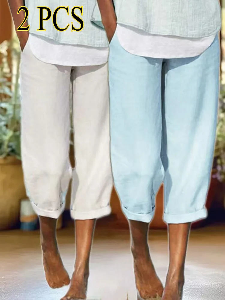 2pcs Plus-Size Women's Vintage-Inspired Breathable Pocket Solid Color 9/10 Pants - Light Blue, Loose Fit, Casual Style For Spring/Summer/Fall, Casual Wear Pants | Vintage Pocket Design | Stretch Fabric Pant