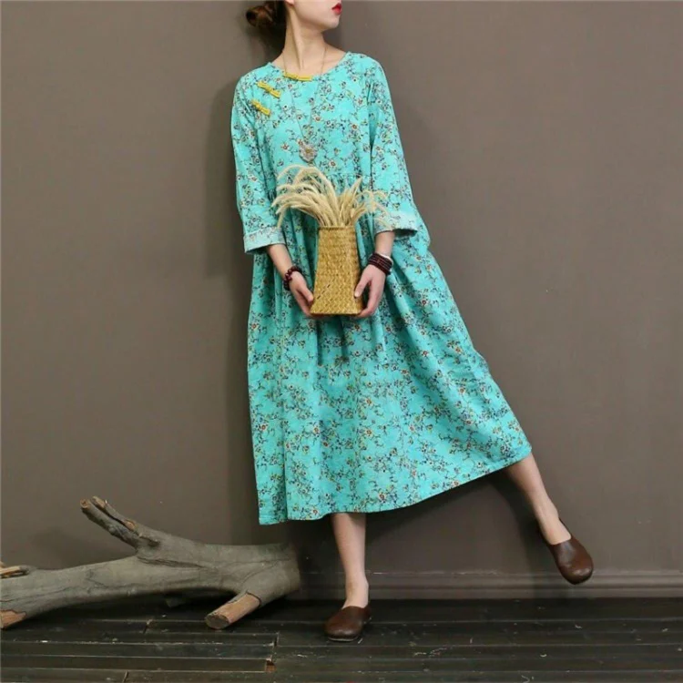 Unique o neck cotton summer outfit Fashion Ideas blue floral A Line Dresses