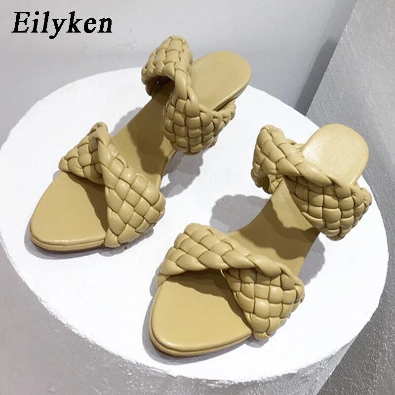 Eilyken Fashion Woman Handmade Weave Knitted Slippers Lady Crossover Open Toe Thin Heels Party Sandals White Black Blue size 42