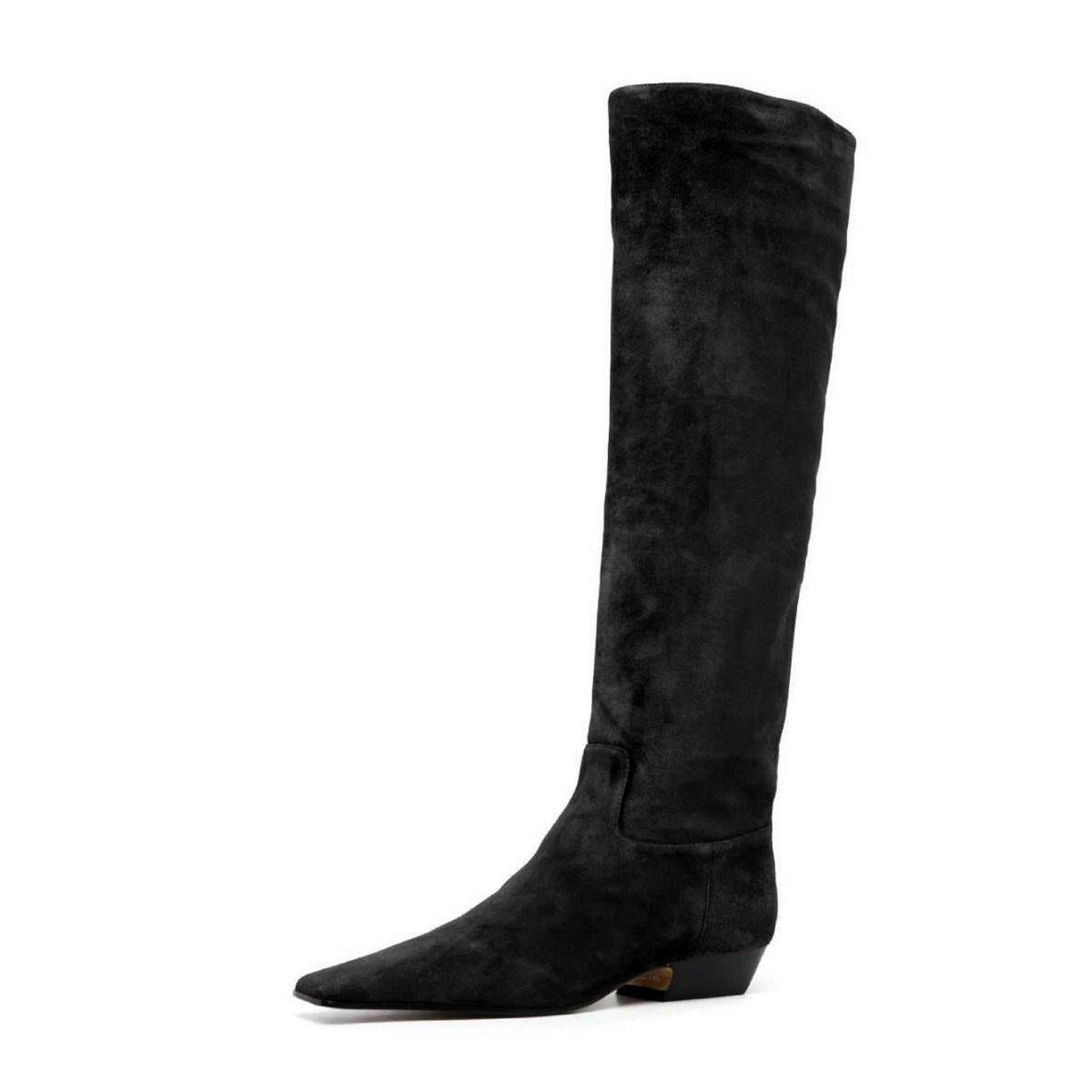 Black Vegan Suede Square Toe Knee-High Tall Boots with Low Heel Nicepairs