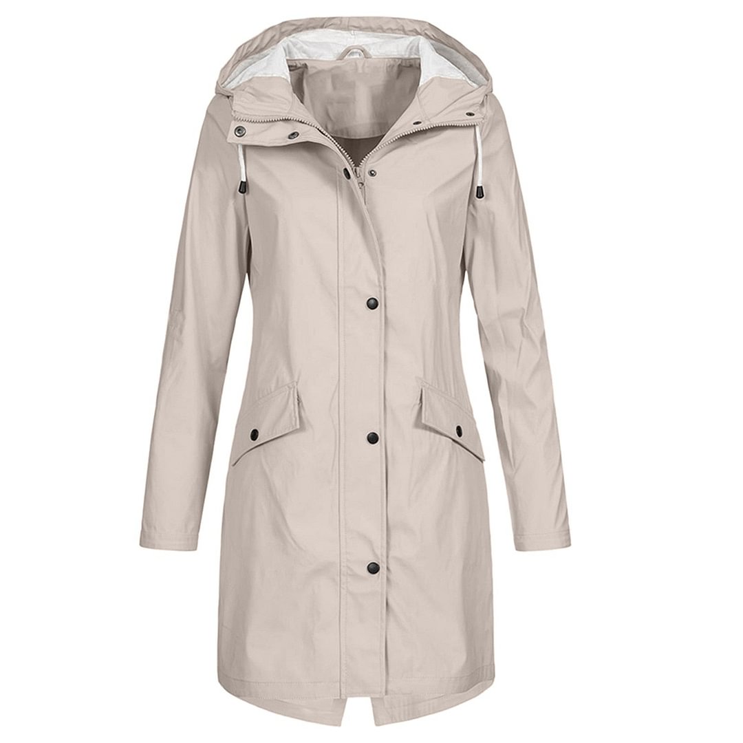 Fashion Hooded Rain Coat Casual Ladies Waterproof Windproof Long Jacket Buttons Coat Female Winter Long Sleeve Womens Outerwear