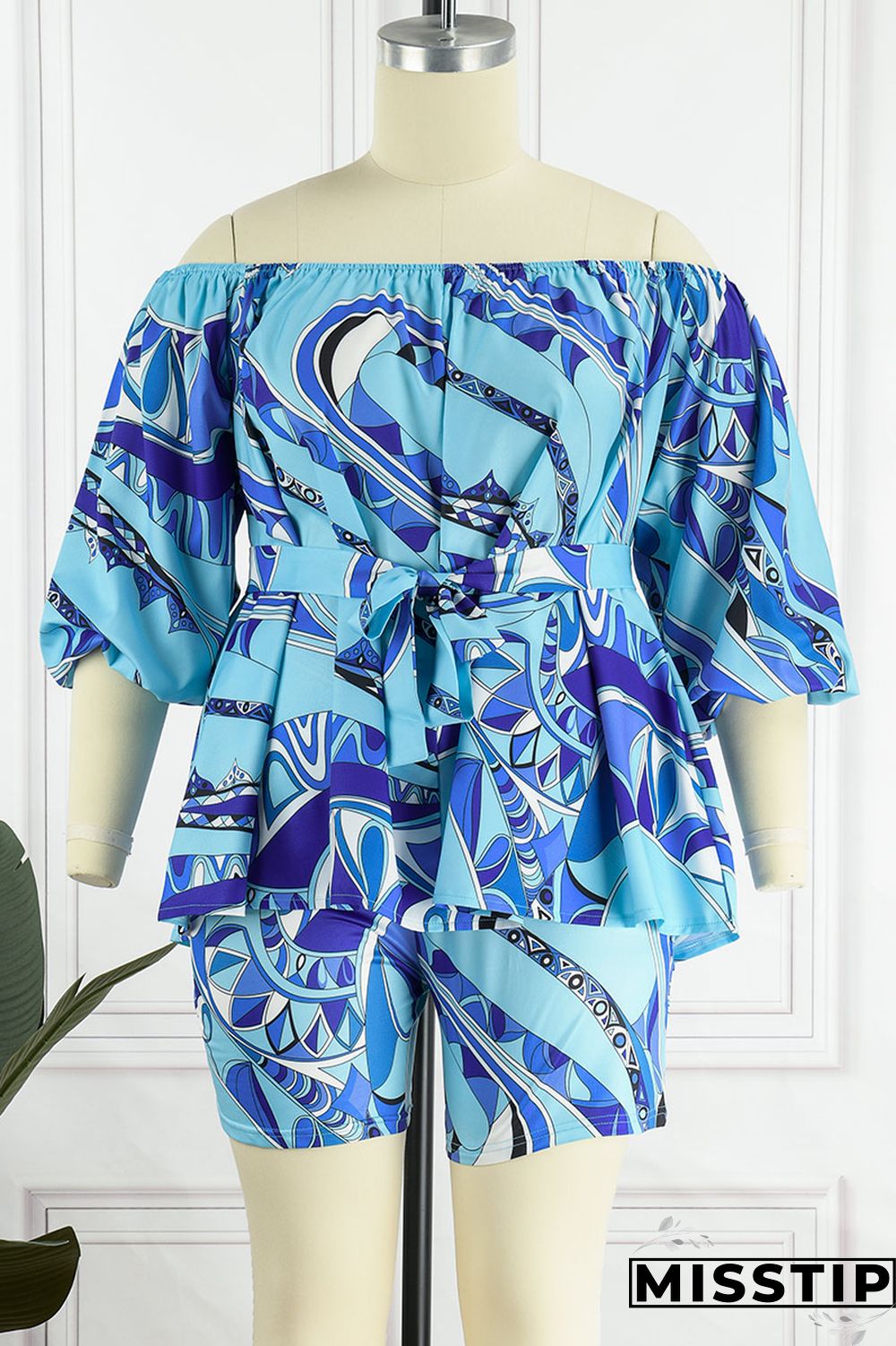 Green Yellow Casual Print Patchwork Off the Shoulder Long Sleeve Two Pieces