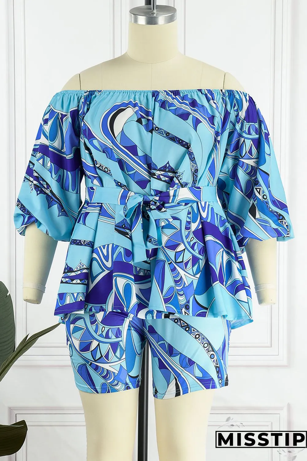 Green Yellow Casual Print Patchwork Off the Shoulder Long Sleeve Two Pieces