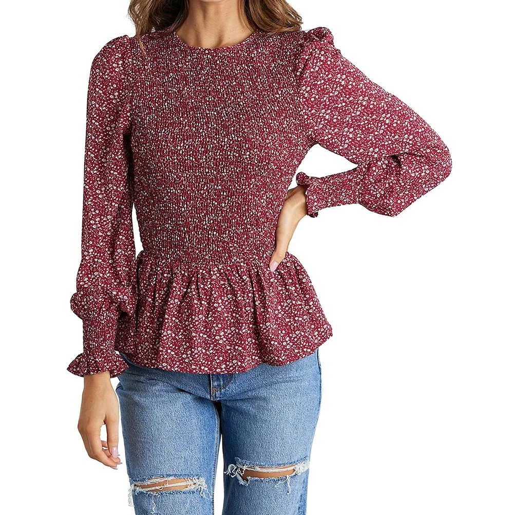 Red Floral Print Ruffle Long Sleeve Tunic Tops