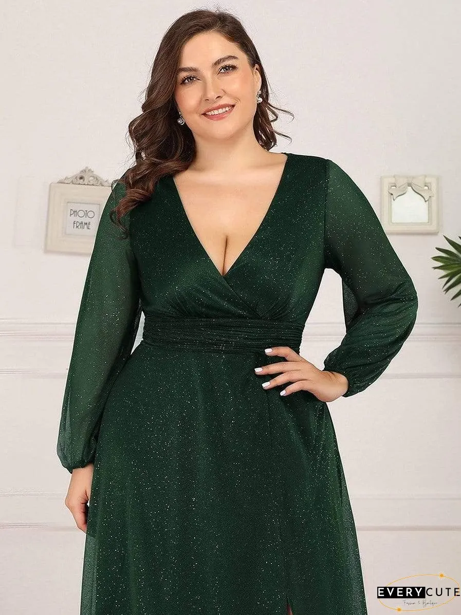 Shiny Puff Sleeve V-Neck Evening Gown for Curvy Women