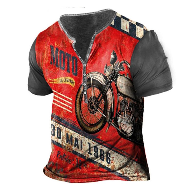 Men's Vintage Motorcycle Print Short Sleeve Henley T-shirt
