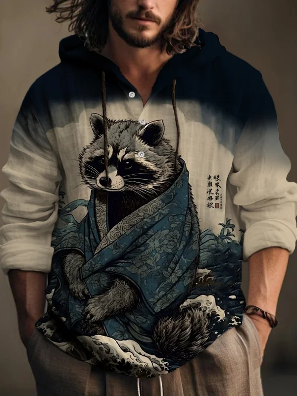 Men's Raccoon Rough Sea Waves Japanese Art Printed Hooded Shirt