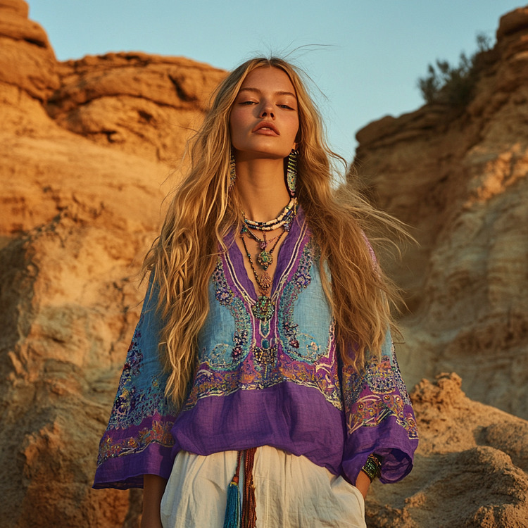 Vintage Boho Bohemian Ethnic Color Block Patchwork Linen V-neck Tunic