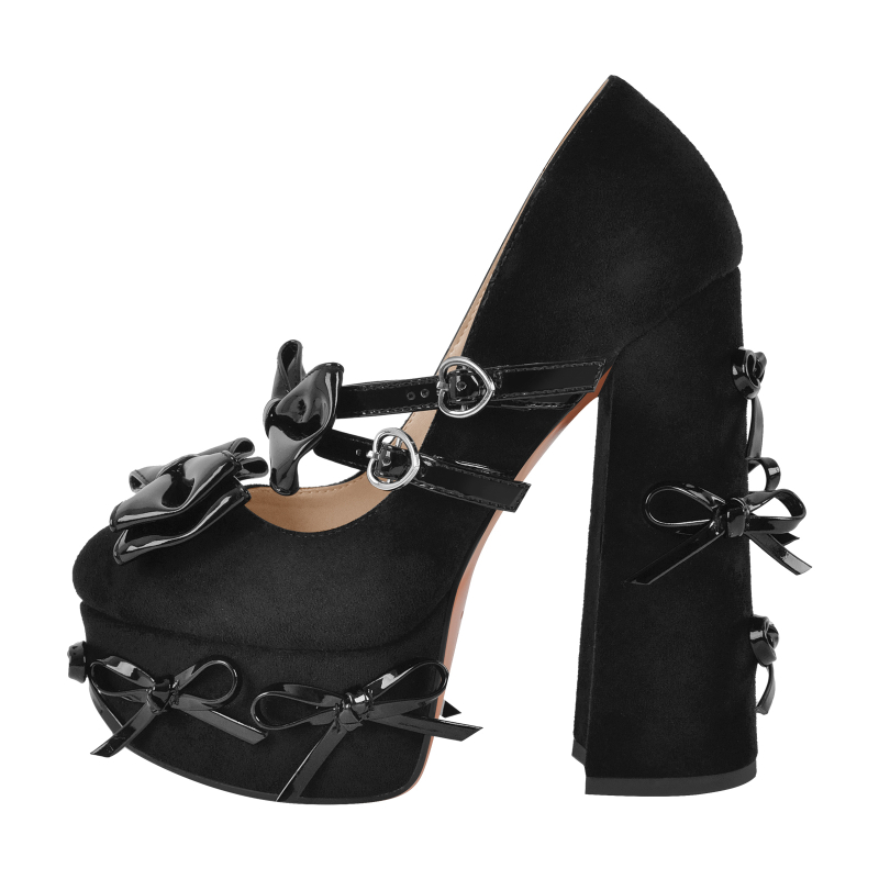 Mary Jane Bow Platform Suede Chunky Heel Pumps