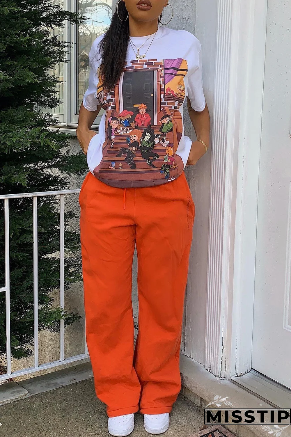 Black Fashion Street Print Patchwork O Neck T-Shirts