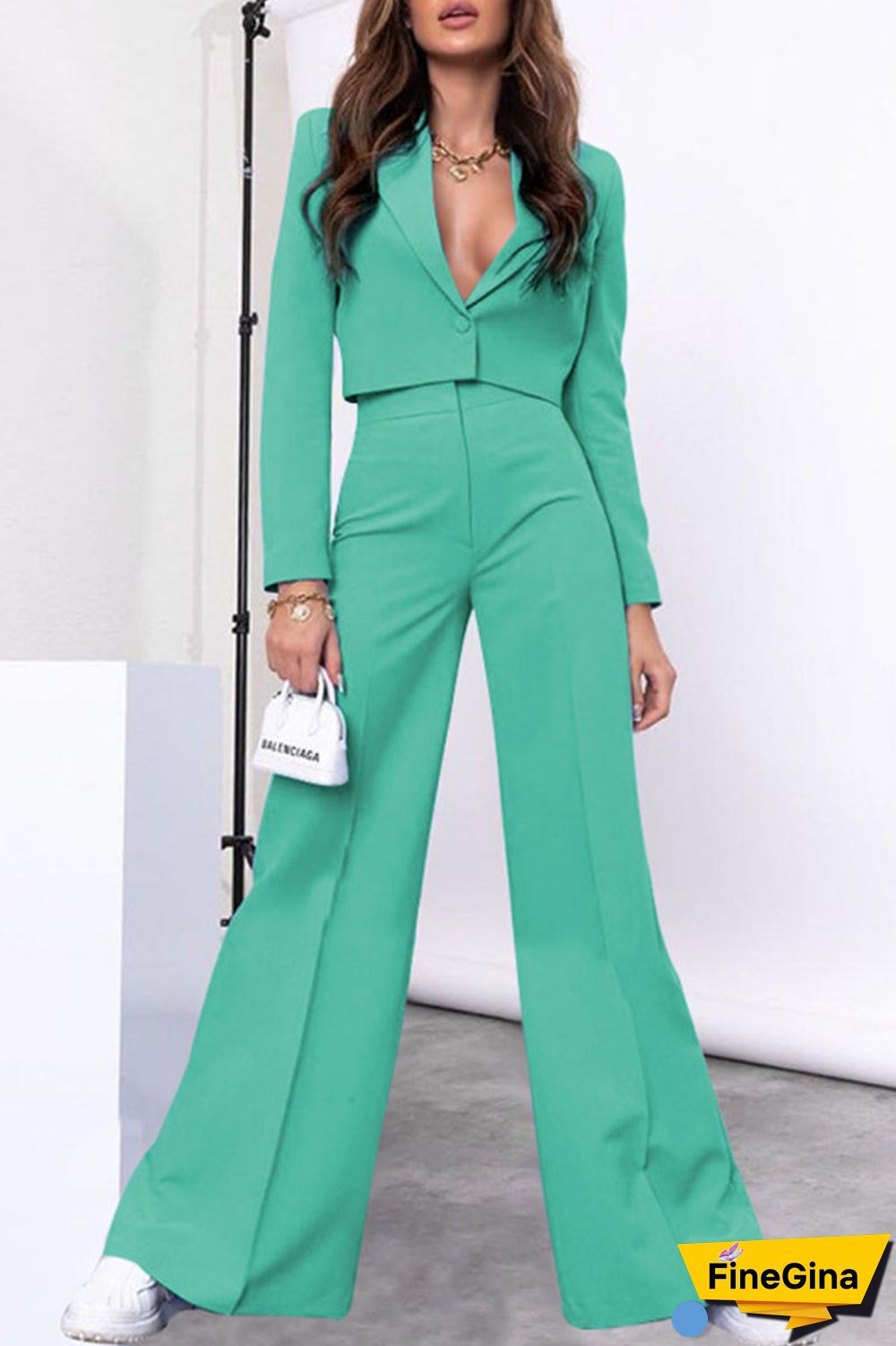 Cyan Casual Solid Patchwork Buttons V Neck Long Sleeve Two Pieces