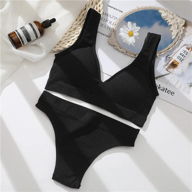 FINETOO Seamless Women Underwear Set Lingerie Sets Sexy Crop Top Push Up Padded Short Top+Brazilian Panty Fitness Brassiere Girl