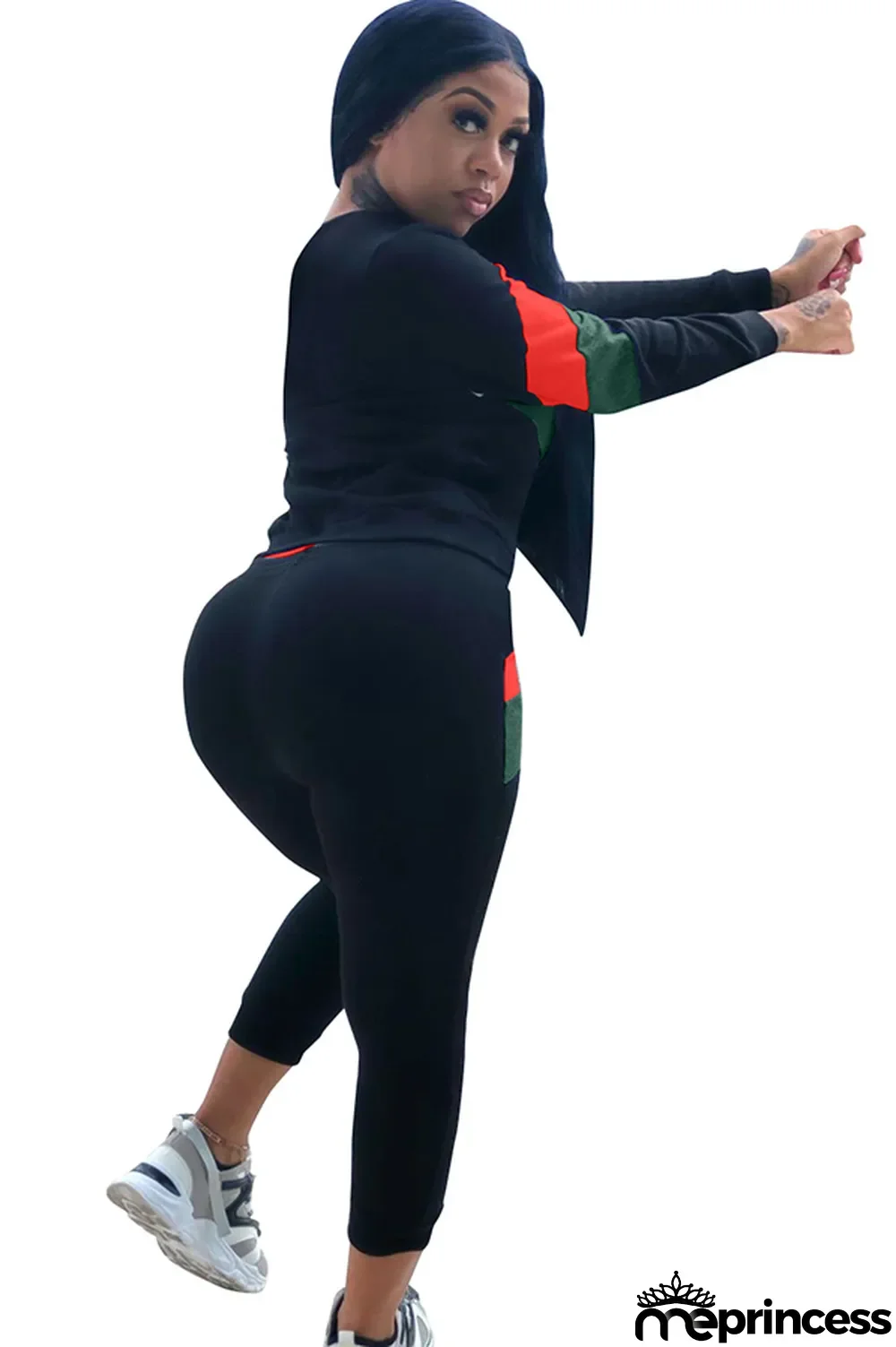 Blue Polyester Casual Two Piece Suits Patchwork Striped Straight Long Sleeve Two-piece Pants Set